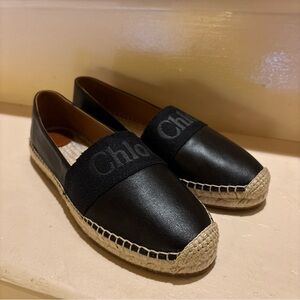 Chloe Women Chloé Piia Flat Espadrilles Black Leather 38 Logo